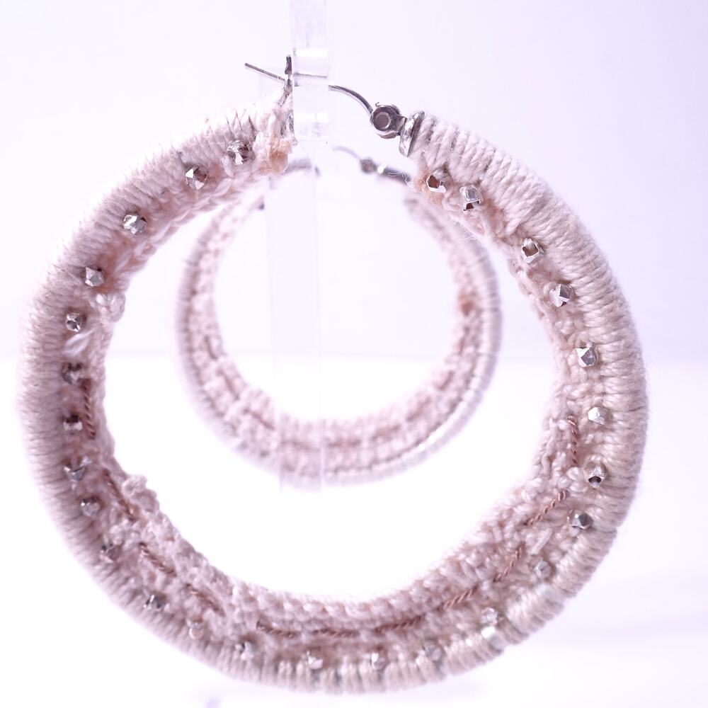Lee Angel Women's Cream Crochet Silver Stud Hoop Earrings NWT 198